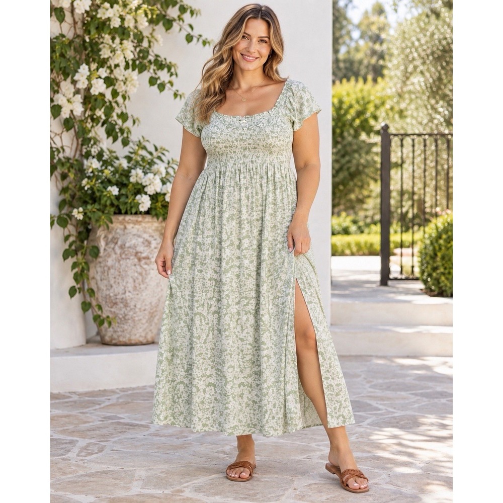 O'Neill Women's XL Green Floral Maxi Dress Smocked Puff Sleeve Side Slit NWT
